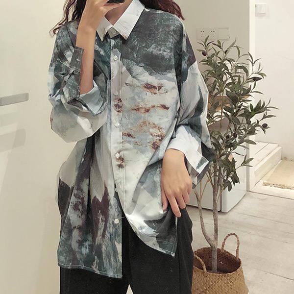 柄シャツ アート アースカラー 総柄 長袖 ビッグシルエット トップス ダンス 衣装 韓国 ヒップホップ レディース |  | 04