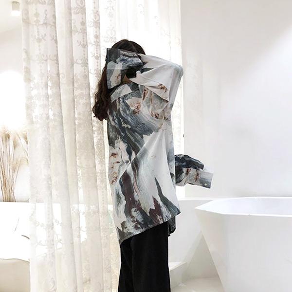 柄シャツ アート アースカラー 総柄 長袖 ビッグシルエット トップス ダンス 衣装 韓国 ヒップホップ レディース |  | 05