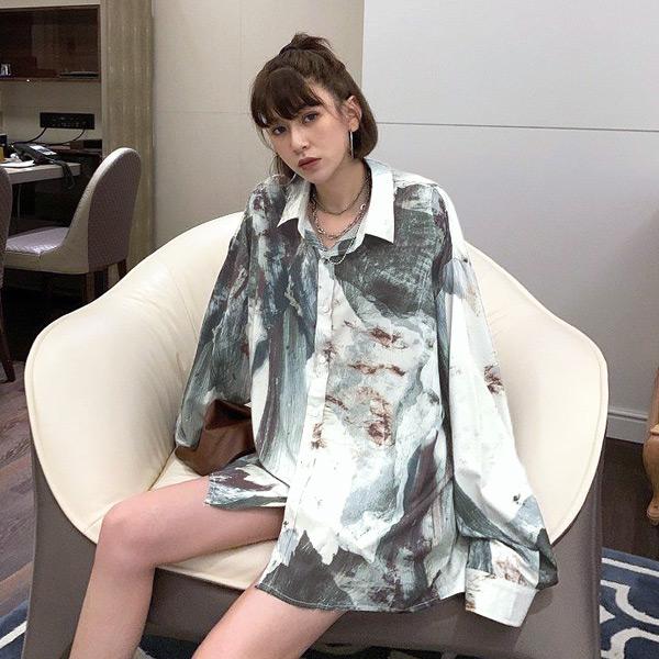 柄シャツ アート アースカラー 総柄 長袖 ビッグシルエット トップス ダンス 衣装 韓国 ヒップホップ レディース |  | 06