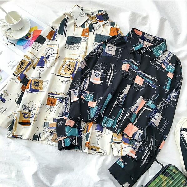 柄シャツ プリントシャツ ブラウス レトロ アート フラワー イラスト 総柄 長袖 トップス ダンス 衣装 韓国 ヒップホップ レディース | 