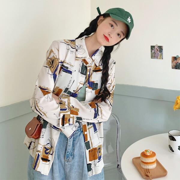柄シャツ プリントシャツ ブラウス レトロ アート フラワー イラスト 総柄 長袖 トップス ダンス 衣装 韓国 ヒップホップ レディース |  | 03