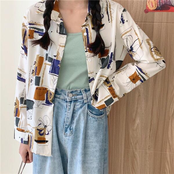 柄シャツ プリントシャツ ブラウス レトロ アート フラワー イラスト 総柄 長袖 トップス ダンス 衣装 韓国 ヒップホップ レディース |  | 04