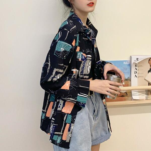 柄シャツ プリントシャツ ブラウス レトロ アート フラワー イラスト 総柄 長袖 トップス ダンス 衣装 韓国 ヒップホップ レディース |  | 05