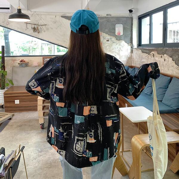 柄シャツ プリントシャツ ブラウス レトロ アート フラワー イラスト 総柄 長袖 トップス ダンス 衣装 韓国 ヒップホップ レディース |  | 06