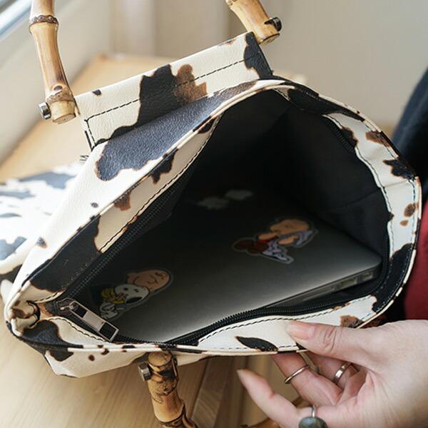 牛柄 COW柄 ハンドバッグ バンブーハンドル スクエア型 フェイク