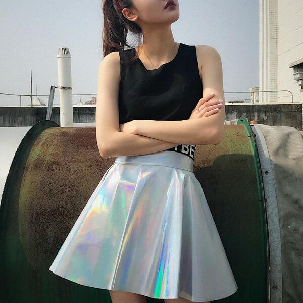 ミニスカート フレア ハイウエスト オーロラカラー キラキラ シルバー ダンス 衣装 韓国 ヒップホップ レディース |  | 01