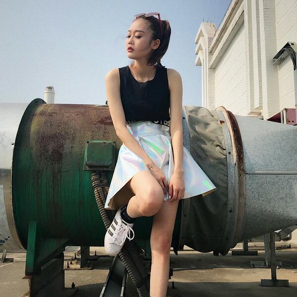 ミニスカート フレア ハイウエスト オーロラカラー キラキラ シルバー ダンス 衣装 韓国 ヒップホップ レディース |  | 02