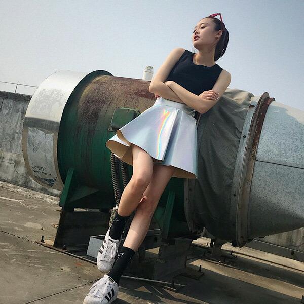 ミニスカート フレア ハイウエスト オーロラカラー キラキラ シルバー ダンス 衣装 韓国 ヒップホップ レディース |  | 04