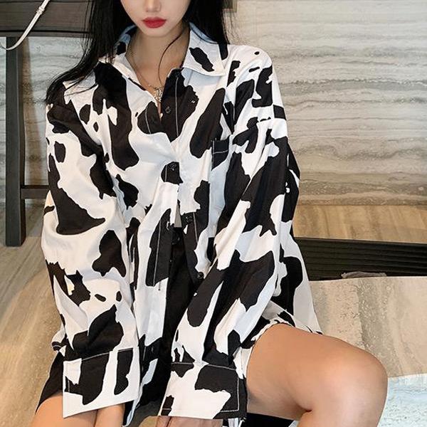 柄シャツ 牛柄 COW柄 アニマル柄 ビッグシルエット 総柄プリント 長袖 トップス ダンス 衣装 韓国 ヒップホップ レディース | 