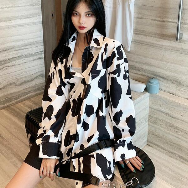 柄シャツ 牛柄 COW柄 アニマル柄 ビッグシルエット 総柄プリント 長袖 トップス ダンス 衣装 韓国 ヒップホップ レディース |  | 01