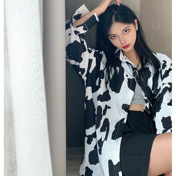 柄シャツ 牛柄 COW柄 アニマル柄 ビッグシルエット 総柄プリント 長袖 トップス ダンス 衣装 韓国 ヒップホップ レディース |  | 02