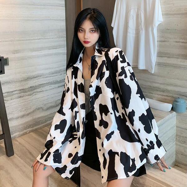 柄シャツ 牛柄 COW柄 アニマル柄 ビッグシルエット 総柄プリント 長袖 トップス ダンス 衣装 韓国 ヒップホップ レディース |  | 03