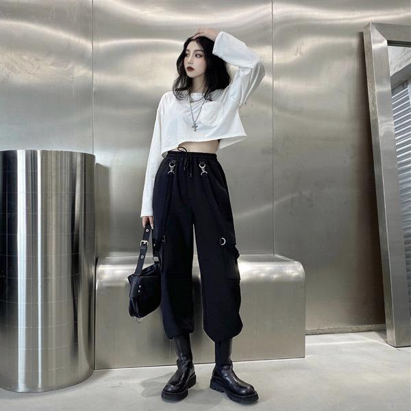 ワイドストレートパンツ サスペンダー付き ブラック 無地 ウエストゴム ダンス 衣装 韓国 ヒップホップ レディース |  | 02