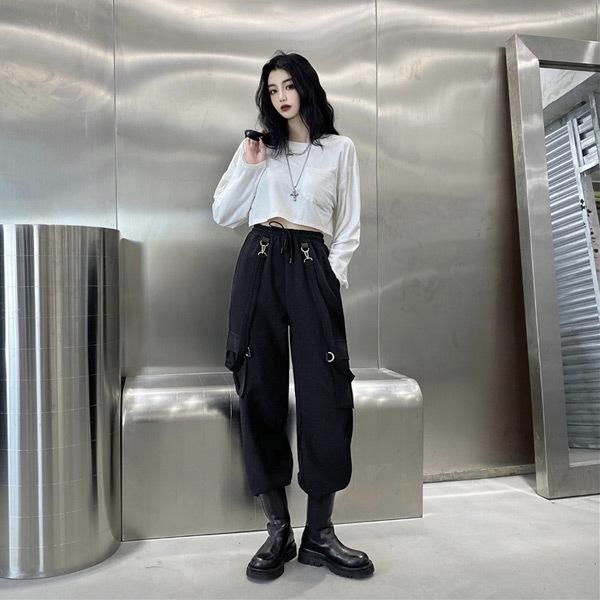 ワイドストレートパンツ サスペンダー付き ブラック 無地 ウエストゴム ダンス 衣装 韓国 ヒップホップ レディース |  | 03