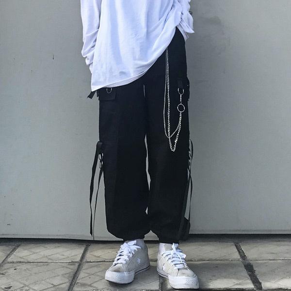 カーゴジョガーパンツ シルバーチェーン付き ブラック 無地  ダンス 衣装 韓国 ヒップホップ レディース |  | 01