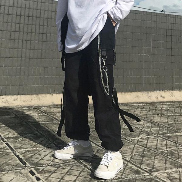 カーゴジョガーパンツ シルバーチェーン付き ブラック 無地  ダンス 衣装 韓国 ヒップホップ レディース |  | 02