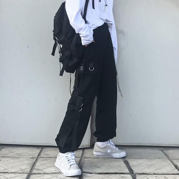 カーゴジョガーパンツ シルバーチェーン付き ブラック 無地  ダンス 衣装 韓国 ヒップホップ レディース |  | 03