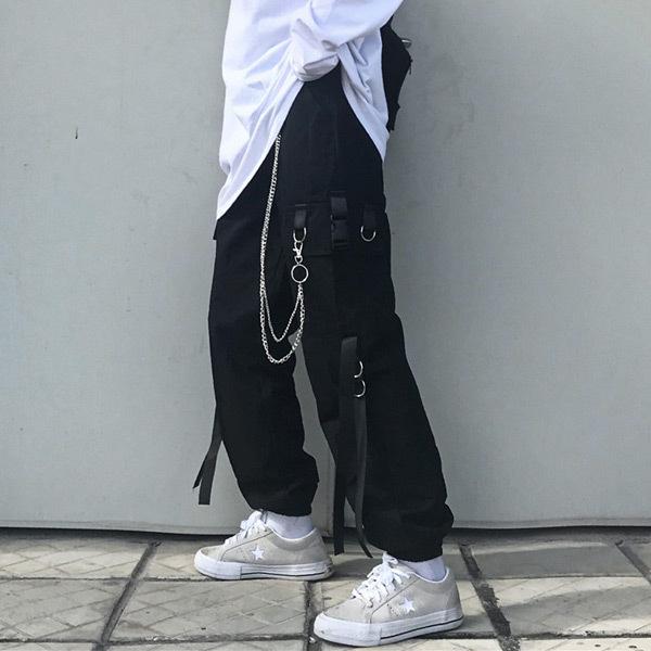 カーゴジョガーパンツ シルバーチェーン付き ブラック 無地  ダンス 衣装 韓国 ヒップホップ レディース |  | 04