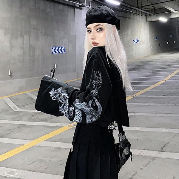 ロンT ロンティー ドラゴンスリーブ ショート丈 黒 龍 長袖 Tシャツ