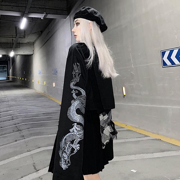 ロンT ロンティー ドラゴンスリーブ ショート丈 黒 龍 長袖 Tシャツ