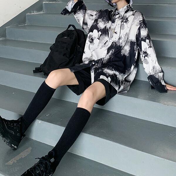 柄シャツ シックなモノクロからの絞り染め長袖シャツ ダンス 衣装 韓国