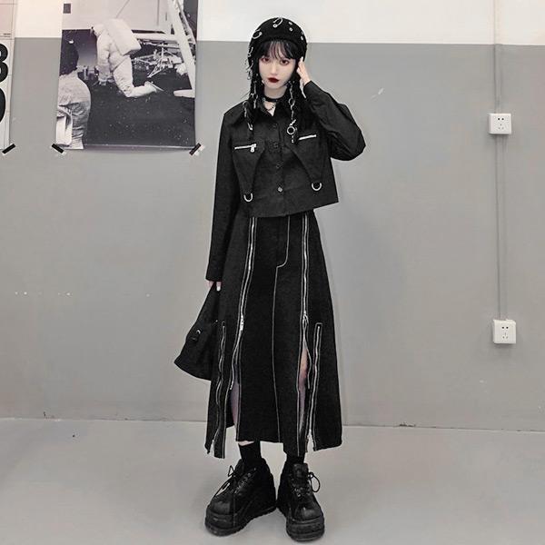 ジッパーデザイン 変形スカート ブラック ウエストゴム ミモレ丈