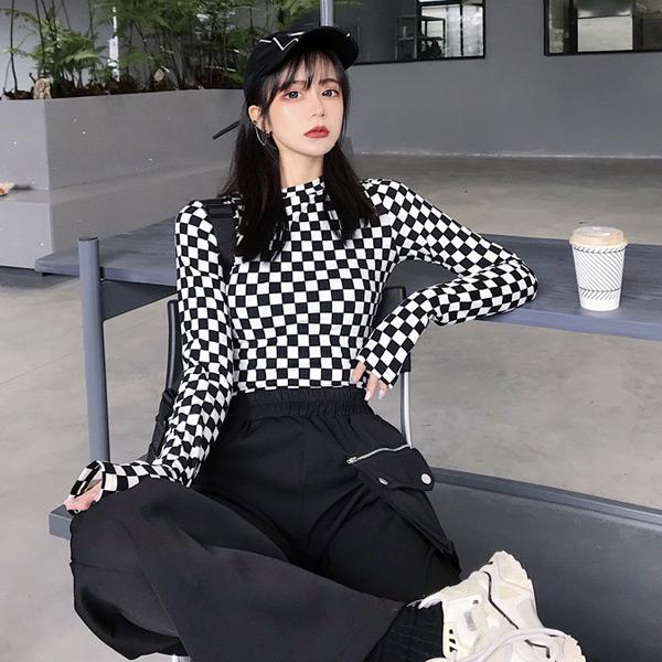 ブロックチェック柄 トップス モノトーン配色 タイト 長袖 カットソー