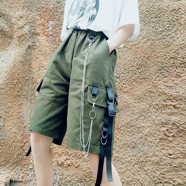 ハーフカーゴパンツ チェーン付き ハーフパンツ カーゴパンツ カーキ ブラック ダンス 衣装 コスチューム 韓国ファッション 個性的 春 夏 パンツ | 