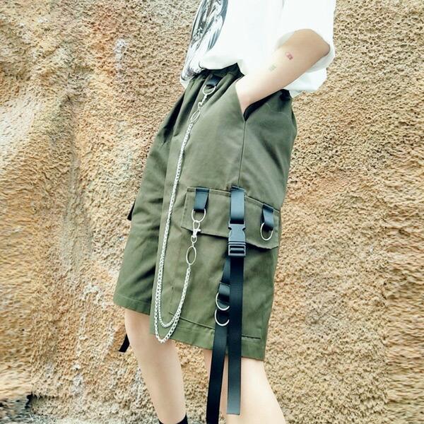 ハーフカーゴパンツ チェーン付き ハーフパンツ カーゴパンツ カーキ ブラック ダンス 衣装 コスチューム 韓国ファッション 個性的 春 夏 パンツ |  | 01