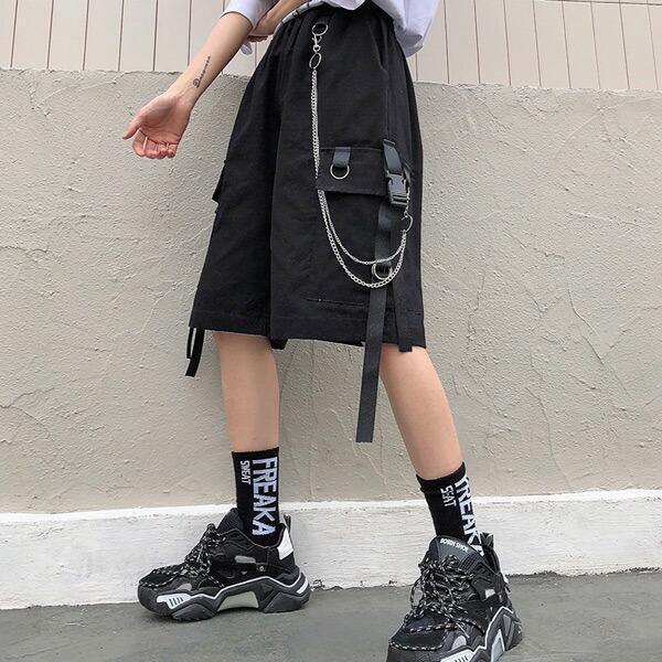 ハーフカーゴパンツ チェーン付き ハーフパンツ カーゴパンツ カーキ ブラック ダンス 衣装 コスチューム 韓国ファッション 個性的 春 夏 パンツ |  | 03