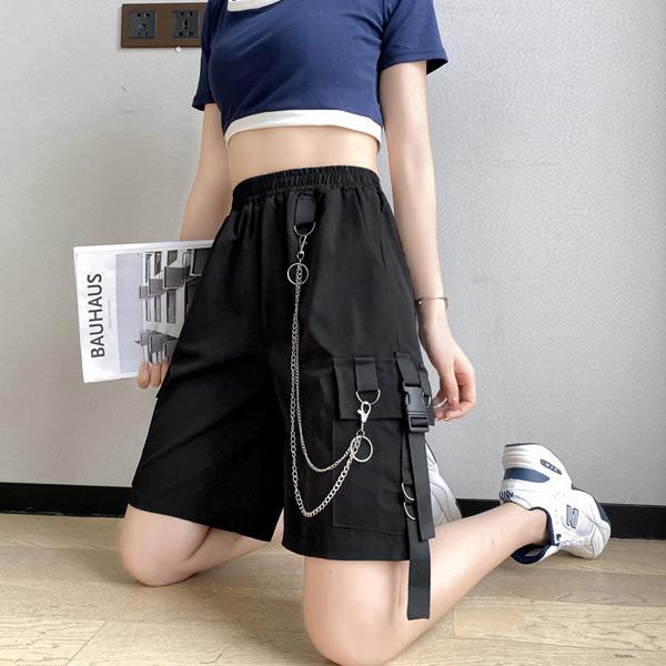 即納あり ハーフカーゴパンツ チェーン付き ハーフパンツ カーゴパンツ カーキ ブラック ダンス 衣装 コスチューム 韓国ファッション 個性的 春 夏 パンツ :ccc006:韓国系ダンスウェアDecorative 通販 ハーフパンツ L レディース グレー 韓国 夏服 カーゴパンツ ボトム