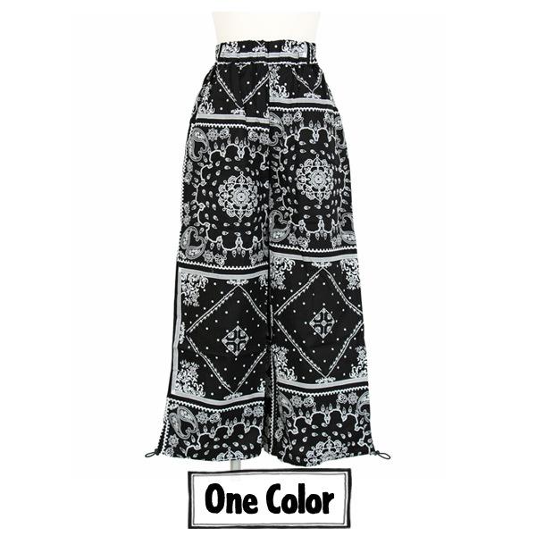 ワイドパンツ ペイズリー柄 ブラック 裾ドロスト ウエストゴム