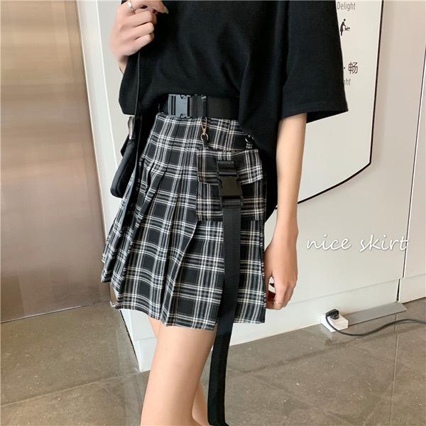 送料無料 ミニスカート プリーツスカート ベルト付き ポケット付属 黒