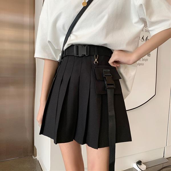 送料無料 ミニスカート プリーツスカート ベルト付き ポケット付属 黒