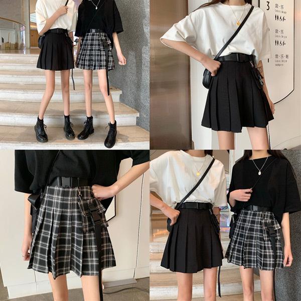 送料無料 ミニスカート プリーツスカート ベルト付き ポケット付属 黒