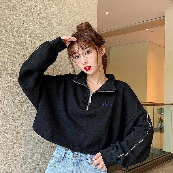 ハーフジップ ショート丈 トップス ハイネック 長袖 ブラック グレー