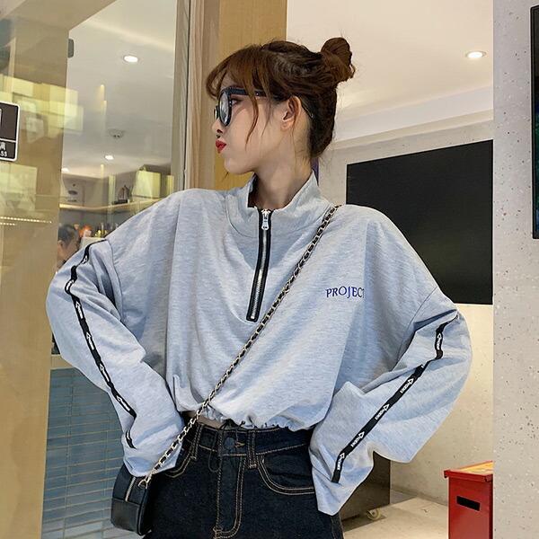 ハーフジップ ショート丈 トップス ハイネック 長袖 ブラック グレー