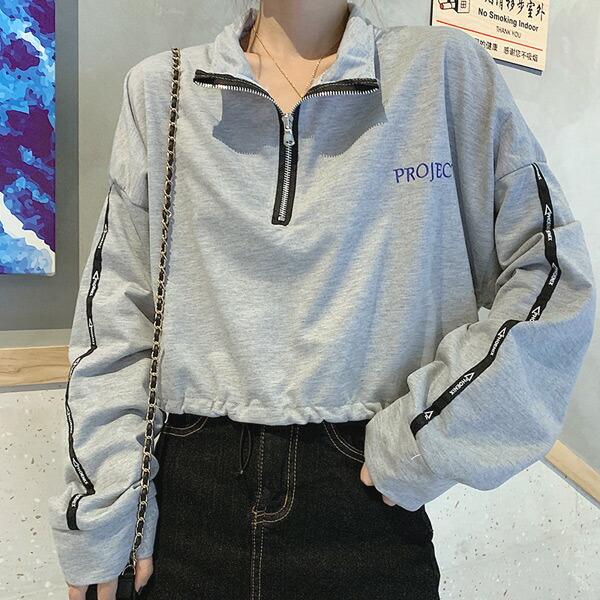 ハーフジップ ショート丈 トップス ハイネック 長袖 ブラック グレー