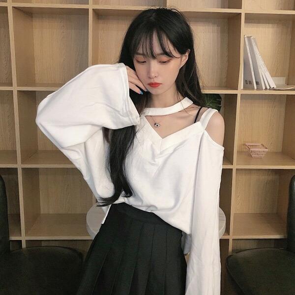 モード カットソー パワーショルダー 韓国 トップス 黒 nr6518 カットソー オープンショルダー Vネック ワンショルダー 長袖
