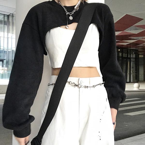 マイクロミニ丈 スウェット 長袖 トップス ブラック 無地 胸出し  