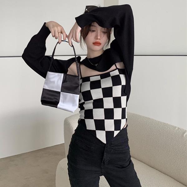 ニットトップス アンサンブルセット ブロックチェック柄 キャミソール