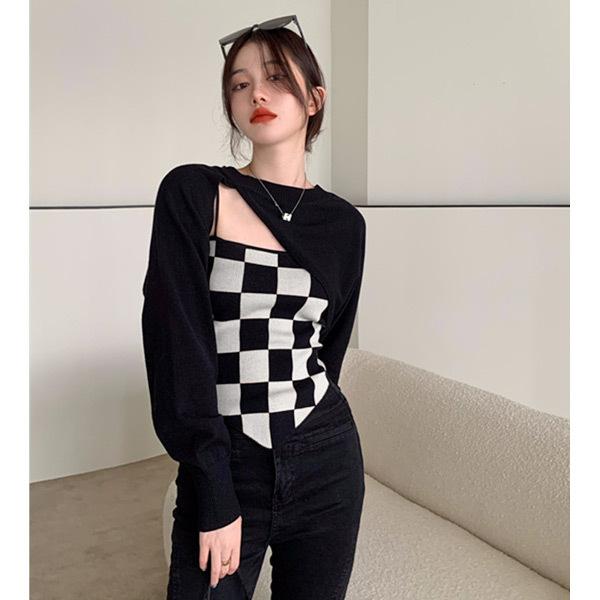 シェリエ　ブロックチェックアンサンブルニット　トップス 美品 Sheller シェリエ ブロックチェックニットセーター F アクリル他