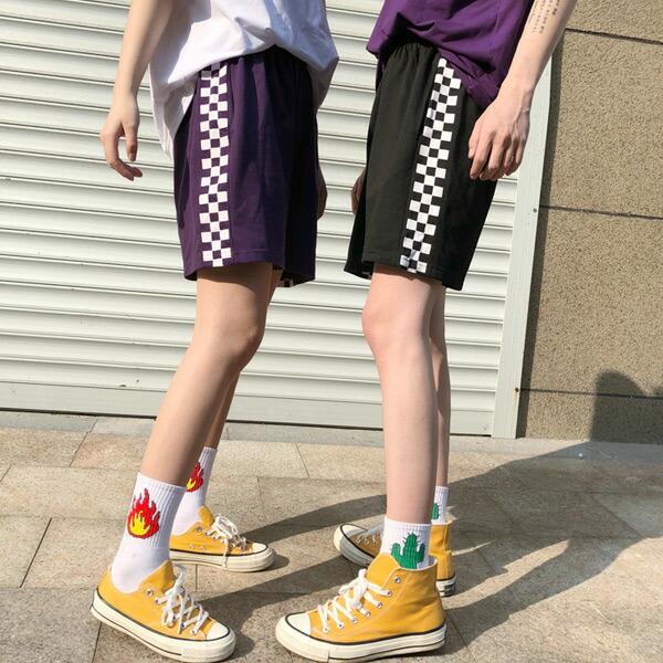 ハーフパンツ サイド ブロックチェック  黒 紫 スウェット 膝上 ストリート カジュアル  レディース ファッション ダンス ヒップホップ 衣装 原宿系 韓国系 |  | 02