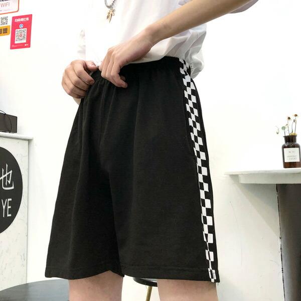 ハーフパンツ サイド ブロックチェック  黒 紫 スウェット 膝上 ストリート カジュアル  レディース ファッション ダンス ヒップホップ 衣装 原宿系 韓国系 |  | 03