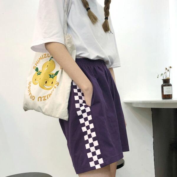 ハーフパンツ サイド ブロックチェック 黒 紫 スウェット 膝上