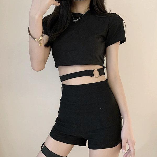aliceauaa レースアップ 半袖カットソー ブラック トップス カットソー 半袖 tシャツ 黒 ブラック リング 紐 レース