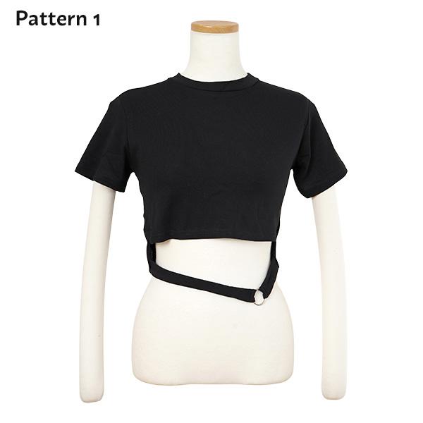 トップス カットソー 半袖 tシャツ 黒 ブラック リング 紐 レース