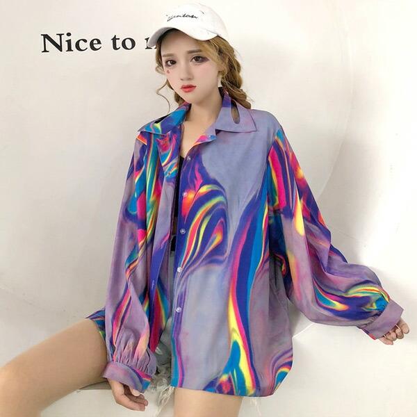 柄シャツ 長袖 シャツ ブラウス レインボーカラー カジュアル モアレ柄