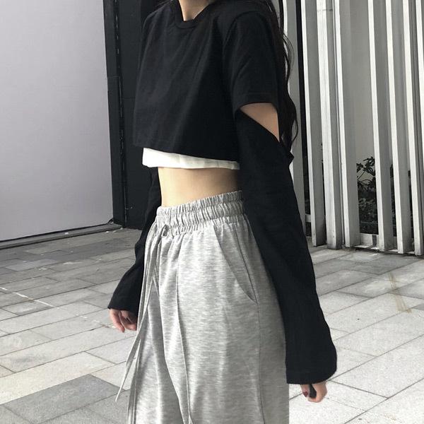 ロンT  ショート丈トップス  長袖 黒 重ね着風 トップス ダンス 衣装 ヒップホップ コスチューム 韓国ファッション 大きいサイズ 個性的 服 | 