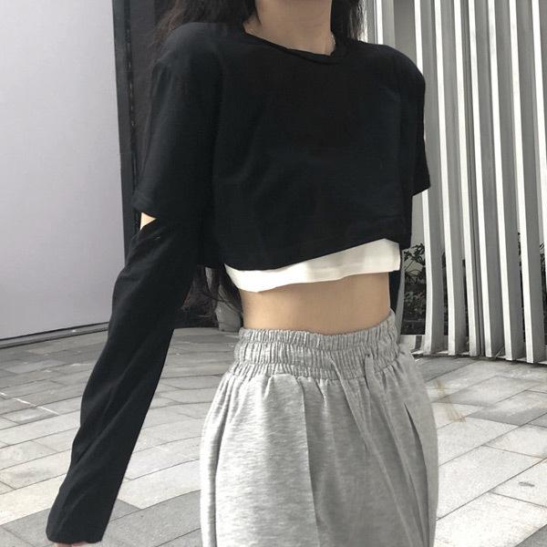 ロンT  ショート丈トップス  長袖 黒 重ね着風 トップス ダンス 衣装 ヒップホップ コスチューム 韓国ファッション 大きいサイズ 個性的 服 |  | 01
